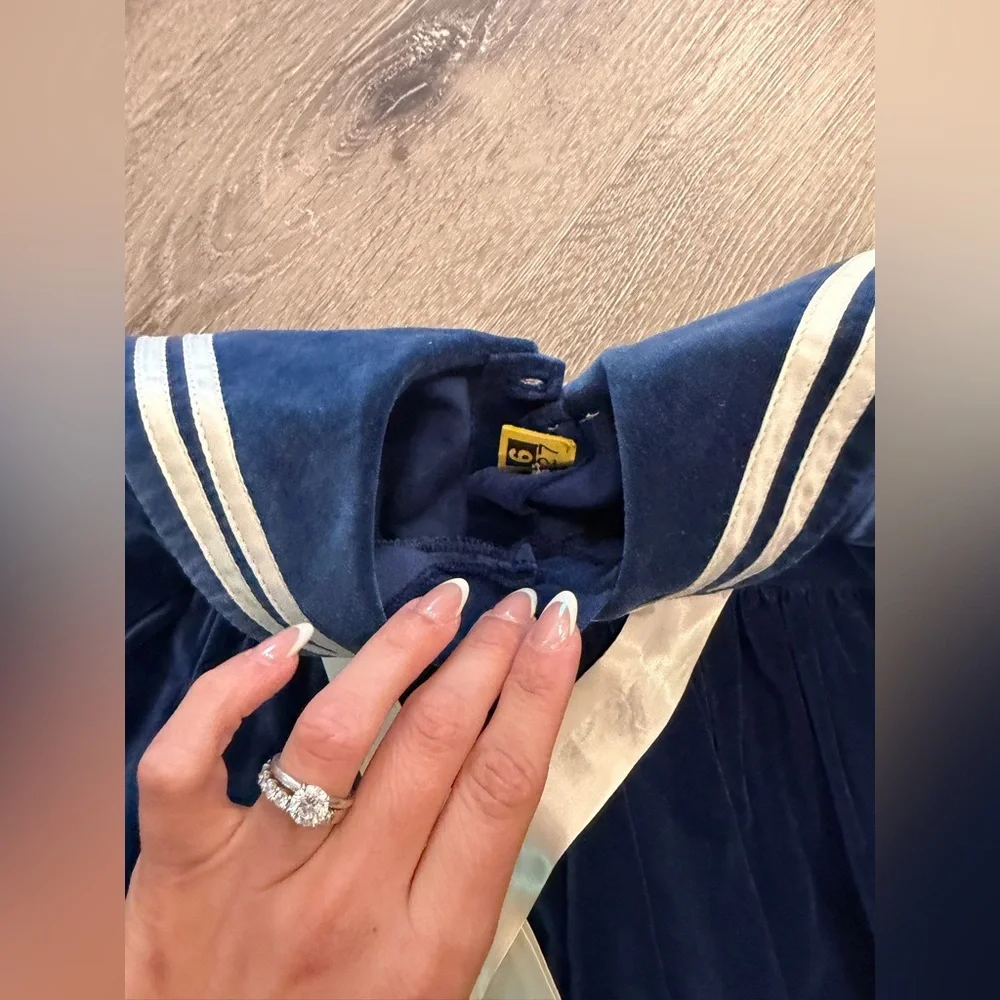 vintage blue velour sailor dress with white piping trim